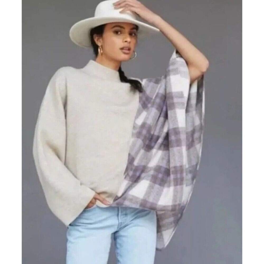 Pilcro Anthropologie Oversized Cream Mixed Plaid Poncho Sweater One Size OS